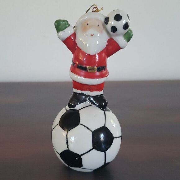 Soccer Ball Santa Porcelain Tree Ornament - Picture 1 of 6